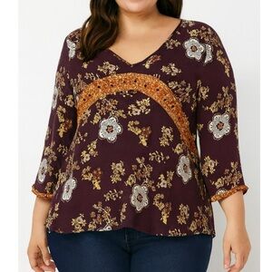Quizz Bazaar top flowy floral boho burgundy top SZ L lace detailing blouse